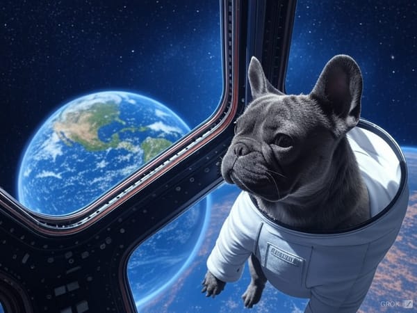 grey french bulldog in a spacesuit looking down at the earth